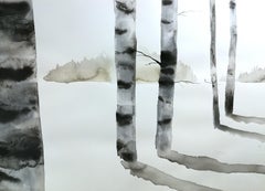 Snowy forest watercolor landscape with birches by fine italian painter