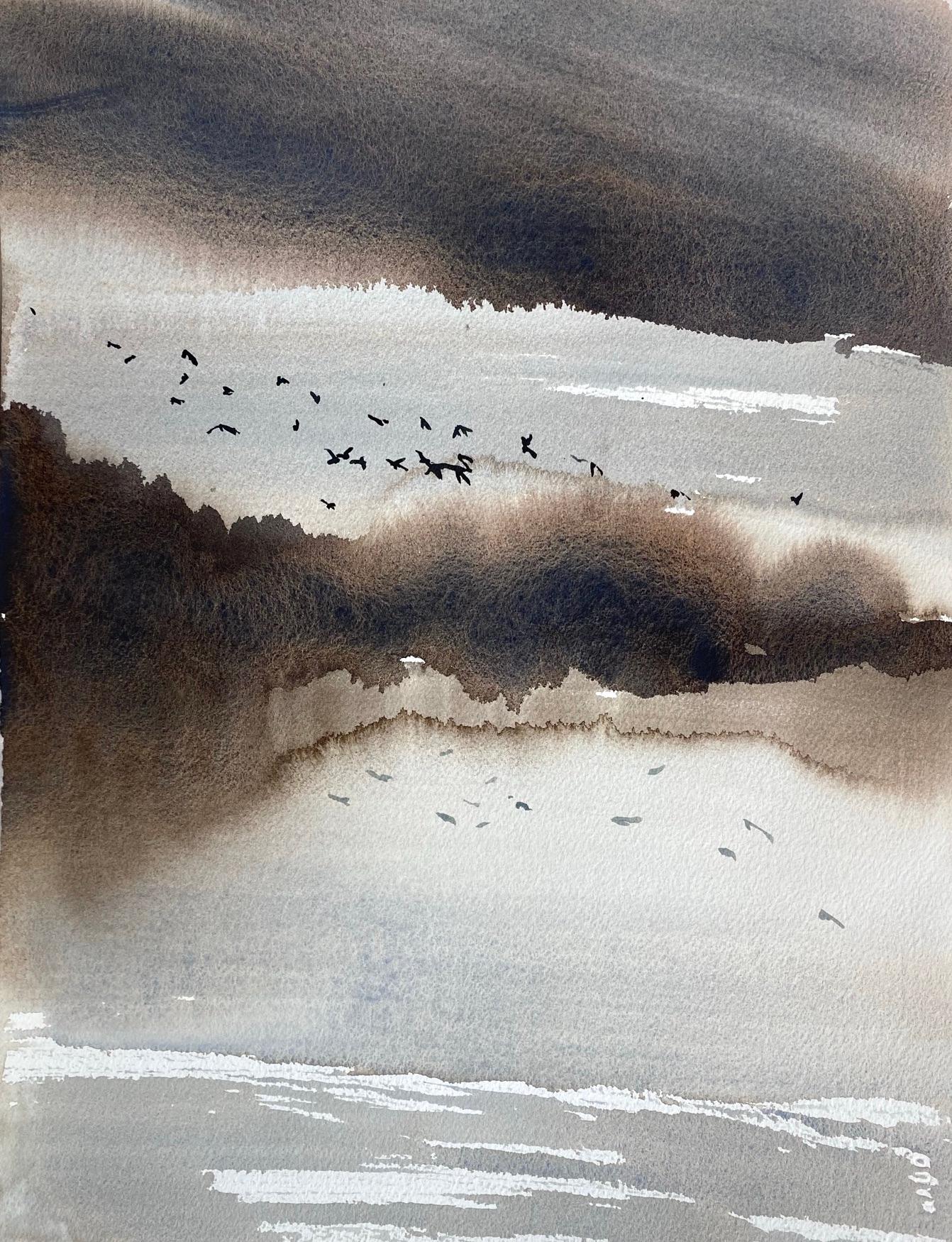 Nicola Magrin Figurative Painting - Stormy landscape with birds flock of black and grey by fine italian painter
