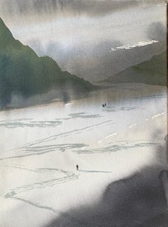 wandering men on glacier, mountains landscape by master italian watercolorist