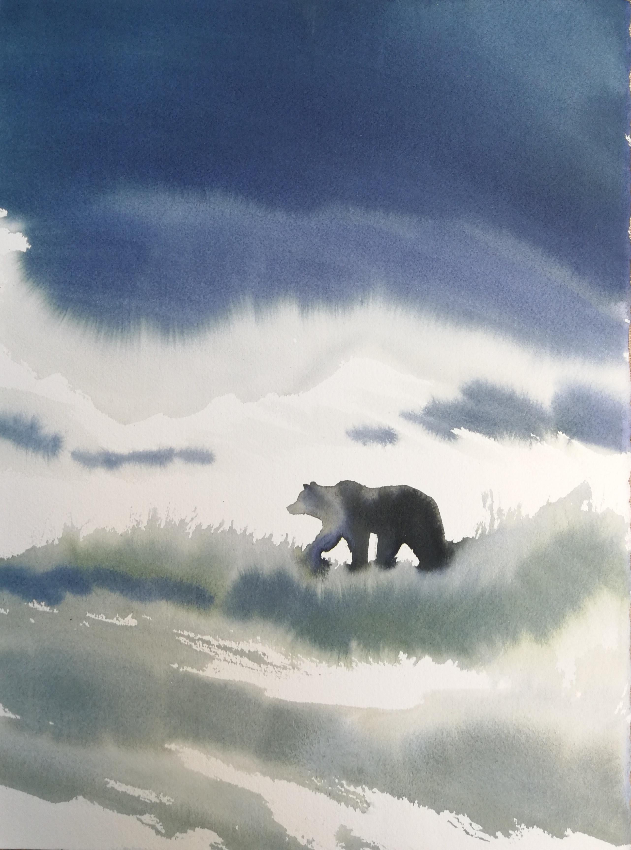 Figurative Painting di Nicola Magrin - Acquerello con un orso bruno che vaga in un paesaggio verde e blu