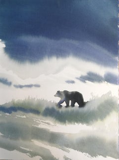 Acquerello con un orso bruno che vaga in un paesaggio verde e blu