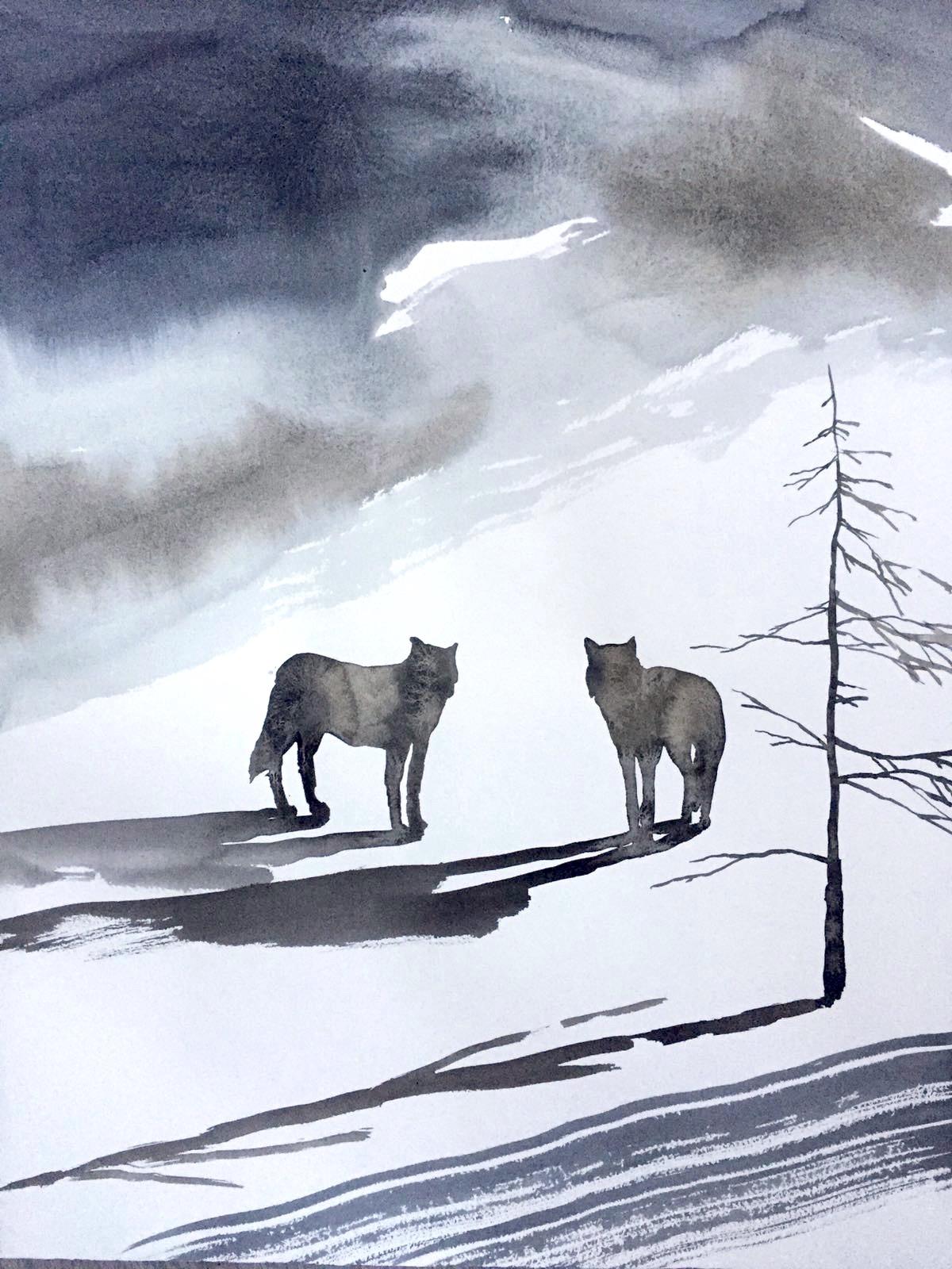 Nicola Magrin Figurative Painting - Wildlife blue and white landscape of wolves and tree by fine italian painter