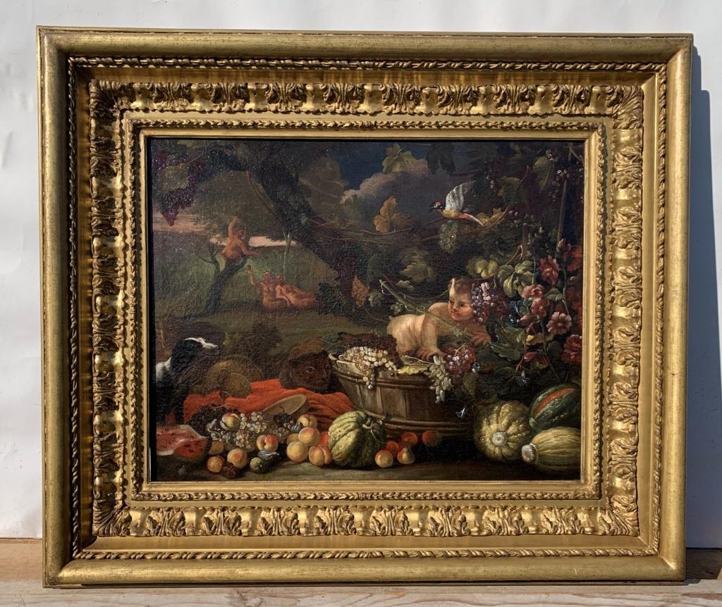 Nicola Malinconico (Napoli 1663 - Napoli 1726) - Natura morta con animali, satiro e scena del peccato originale sullo sfondo.

47 x 59 cm senza cornice, 75 x 87 cm con cornice.

Antico dipinto a olio su tela, in cornice di legno intagliato e