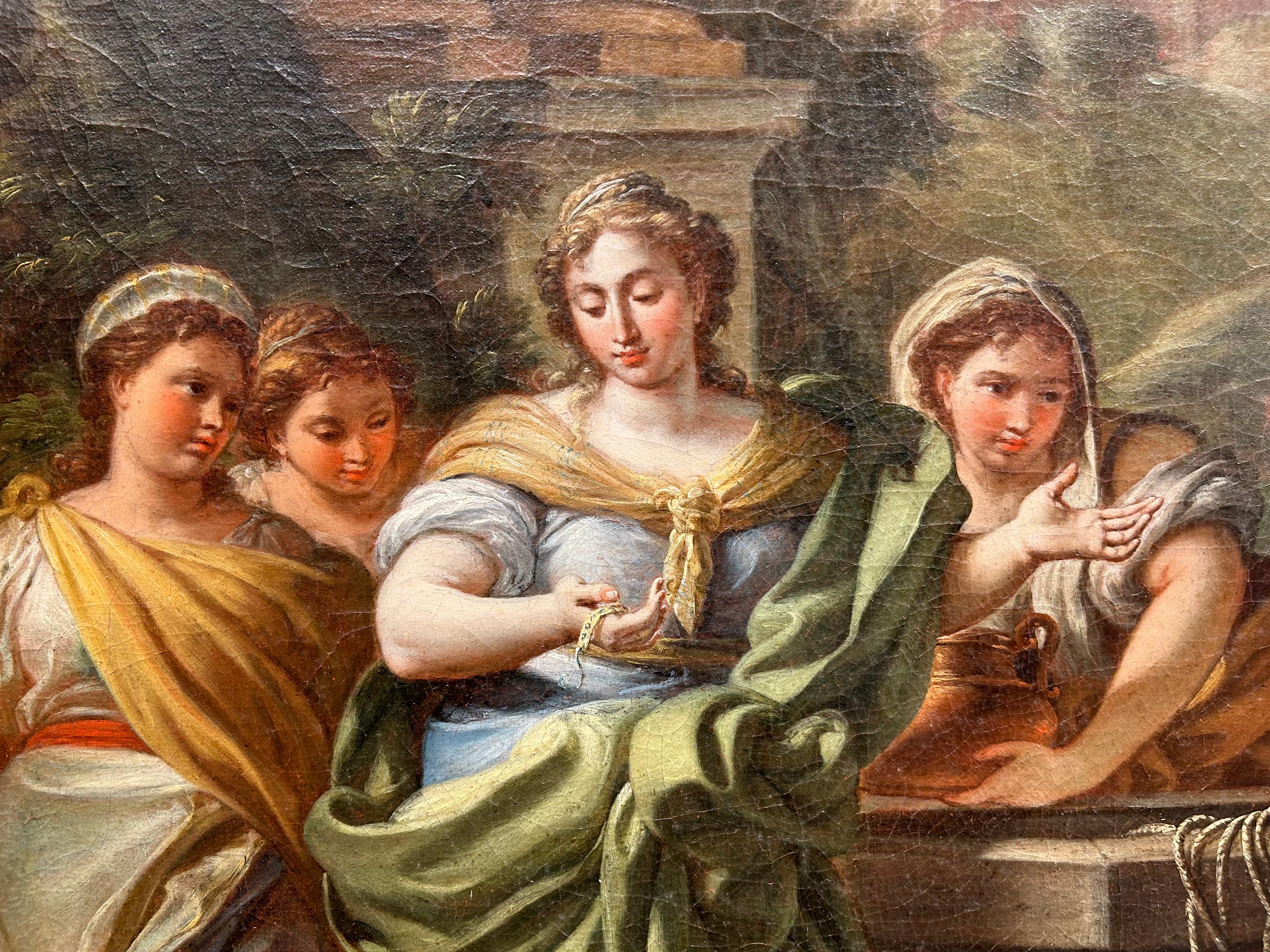 Nicola Maria Rossi plasma magistralmente el relato bíblico de Rebeca y Eliezer en el Pozo, una historia del Libro del Génesis. En esta escena, Eliezer, el criado de Abraham, llega a un pozo en busca de una novia para Isaac. Rebeca, representada con