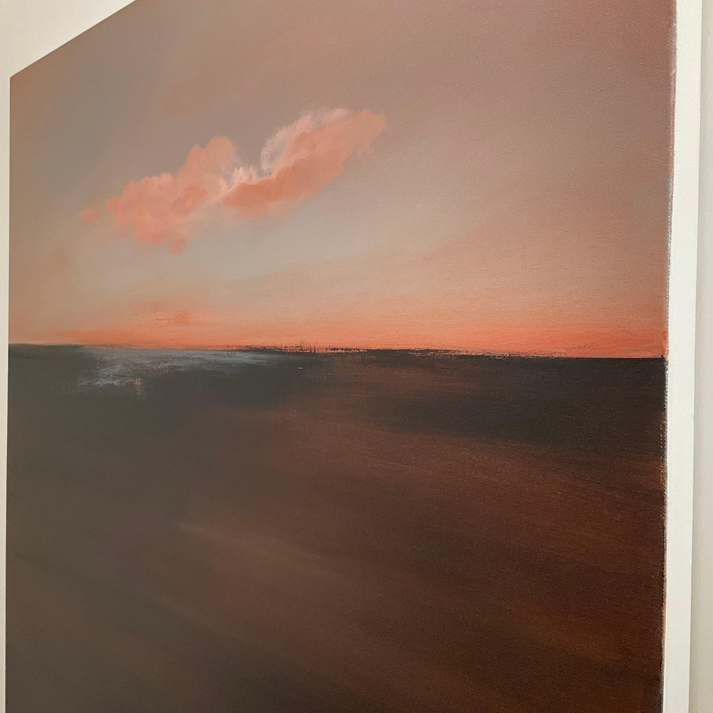‘Morning Calm’ is a semi-abstract oil painting on deep canvas. The warm glow of pale peach clouds are painted against a pale blue sky. The lower section of the painting has been abstracted - leaving out details in order to give the focus on the sky