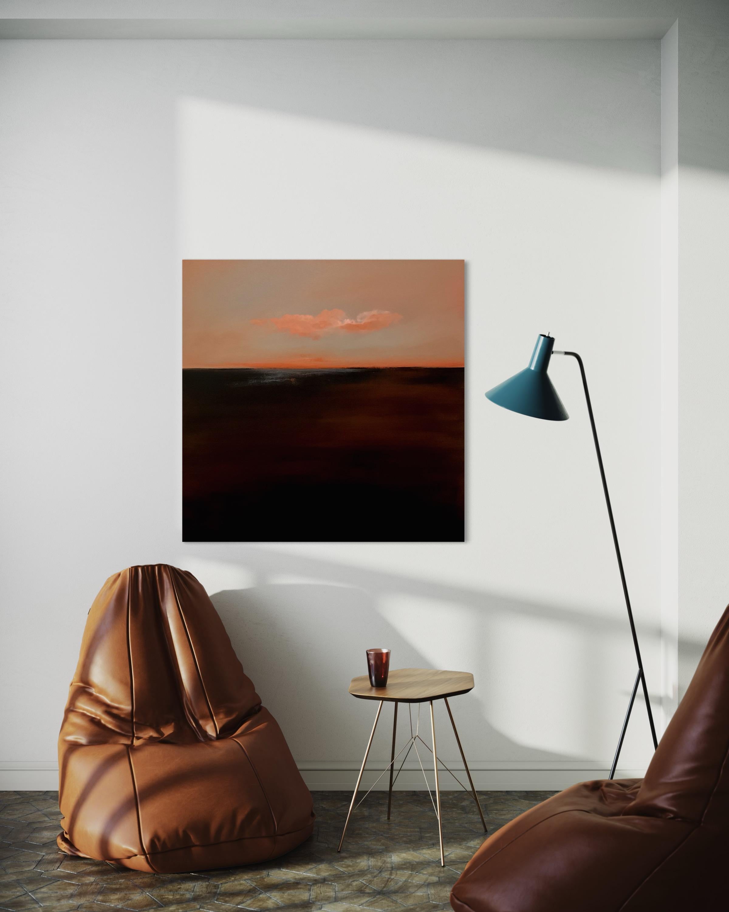 ‘Morning Calm’ is a semi-abstract oil painting on deep canvas. The warm glow of pale peach clouds are painted against a pale blue sky. The lower section of the painting has been abstracted - leaving out details in order to give the focus on the sky