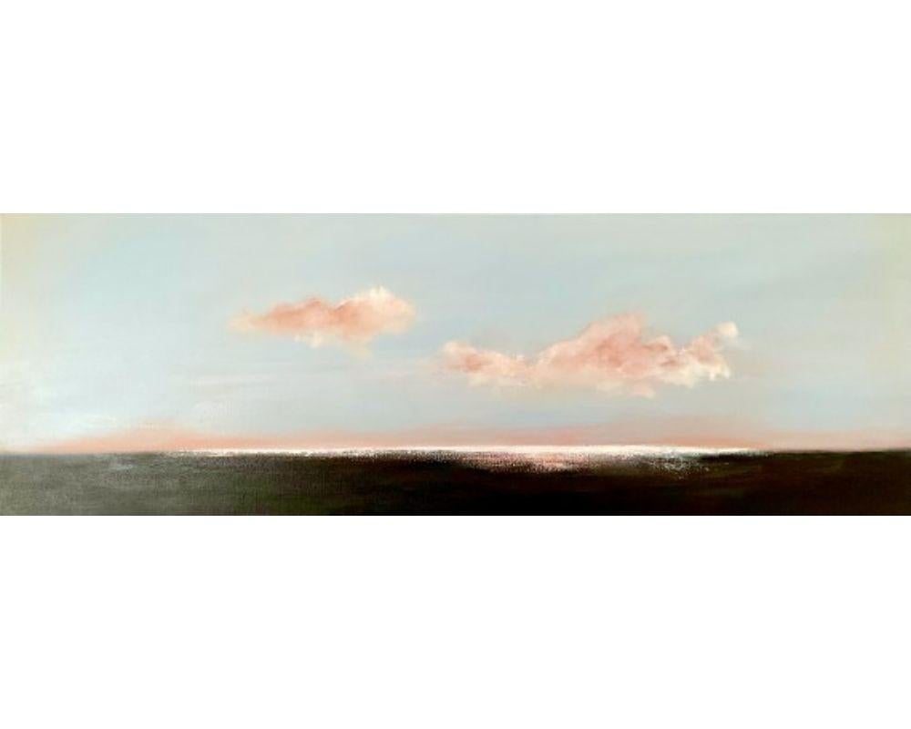 Reverie by Nicola Mosley [2022]

Dreamy light and airy landscape painting of clouds floating over the sea. Pale blue background with pale pink clouds, oil on canvas. The view is looking across the bay towards the headland. It’s a very peaceful