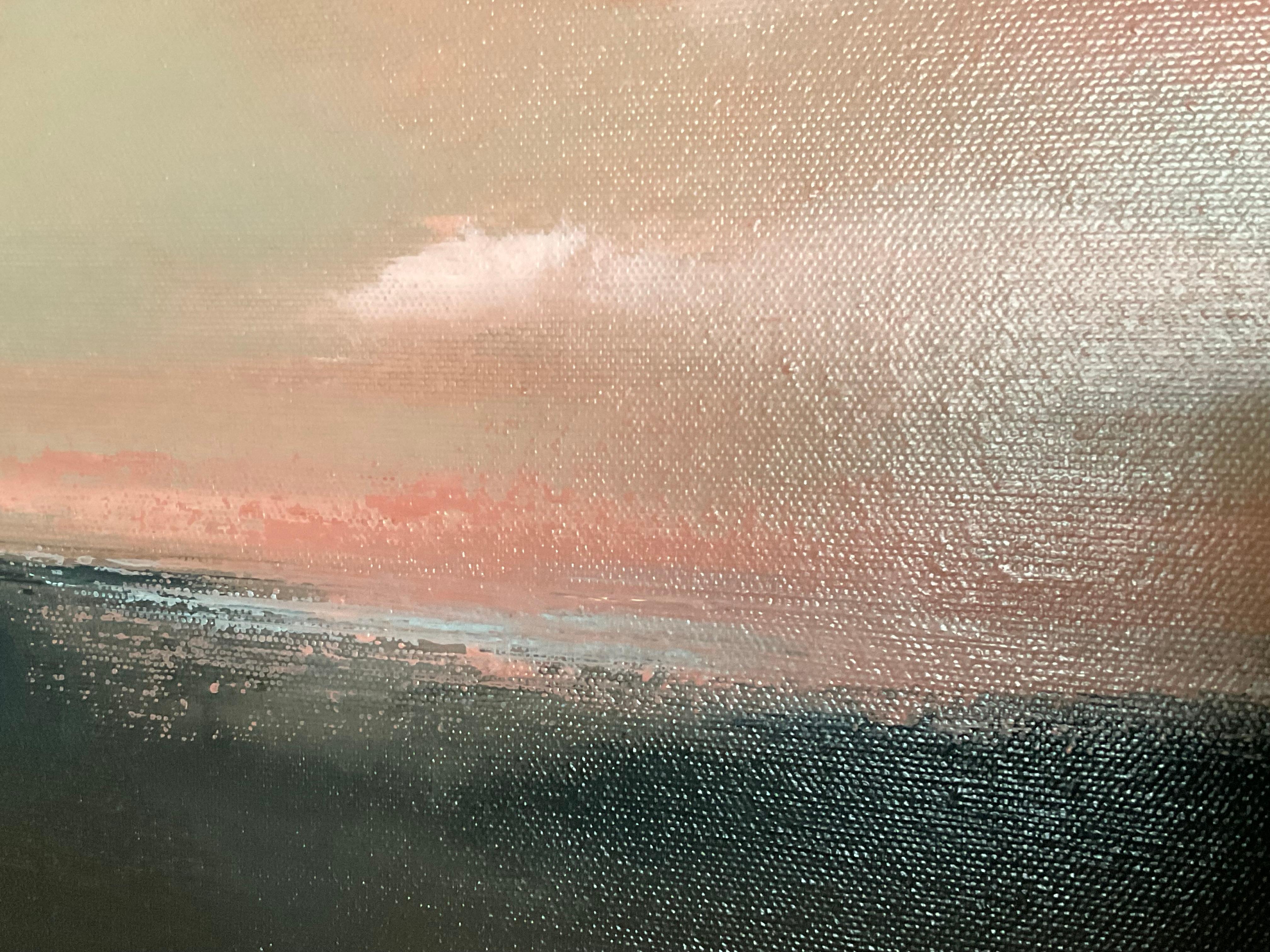 ‘Summer’, 40x40cm, oil on canvas, in a deep wooden handmade frame, hand painted in off black/charcoal. Painted from my harbour side studio, this is a semi abstract oil painting of The Cornish coast. Glowing colours of dusky pink brushy clouds