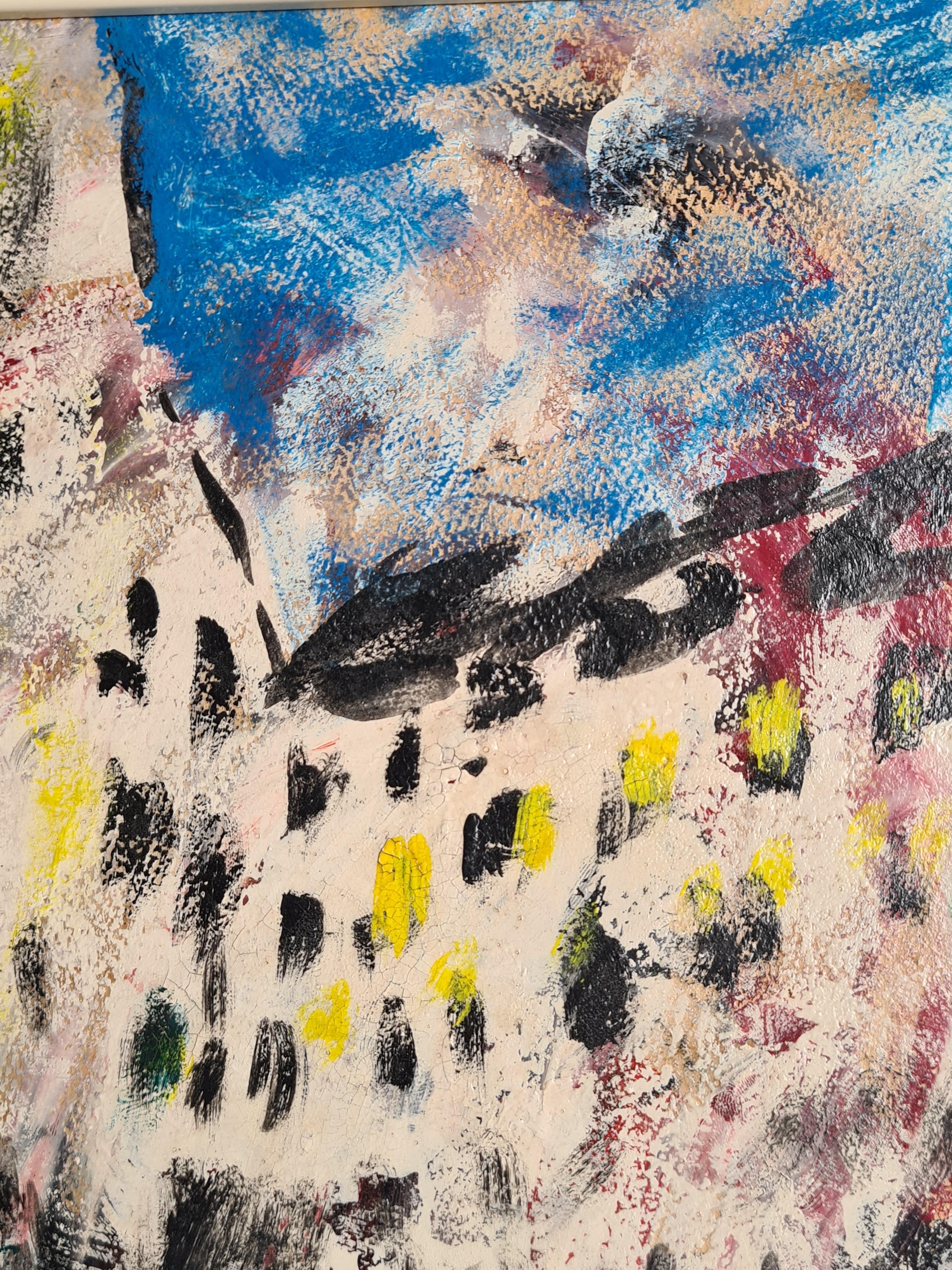 Dipinto a olio su tavola del 1960 di Nicola Ortis Poucette raffigurante una scena di strada parigina. Il dipinto è firmato in basso a destra. Presentato in una moderna cornice bianca lucida.

Un affascinante dipinto a olio francese di metà secolo