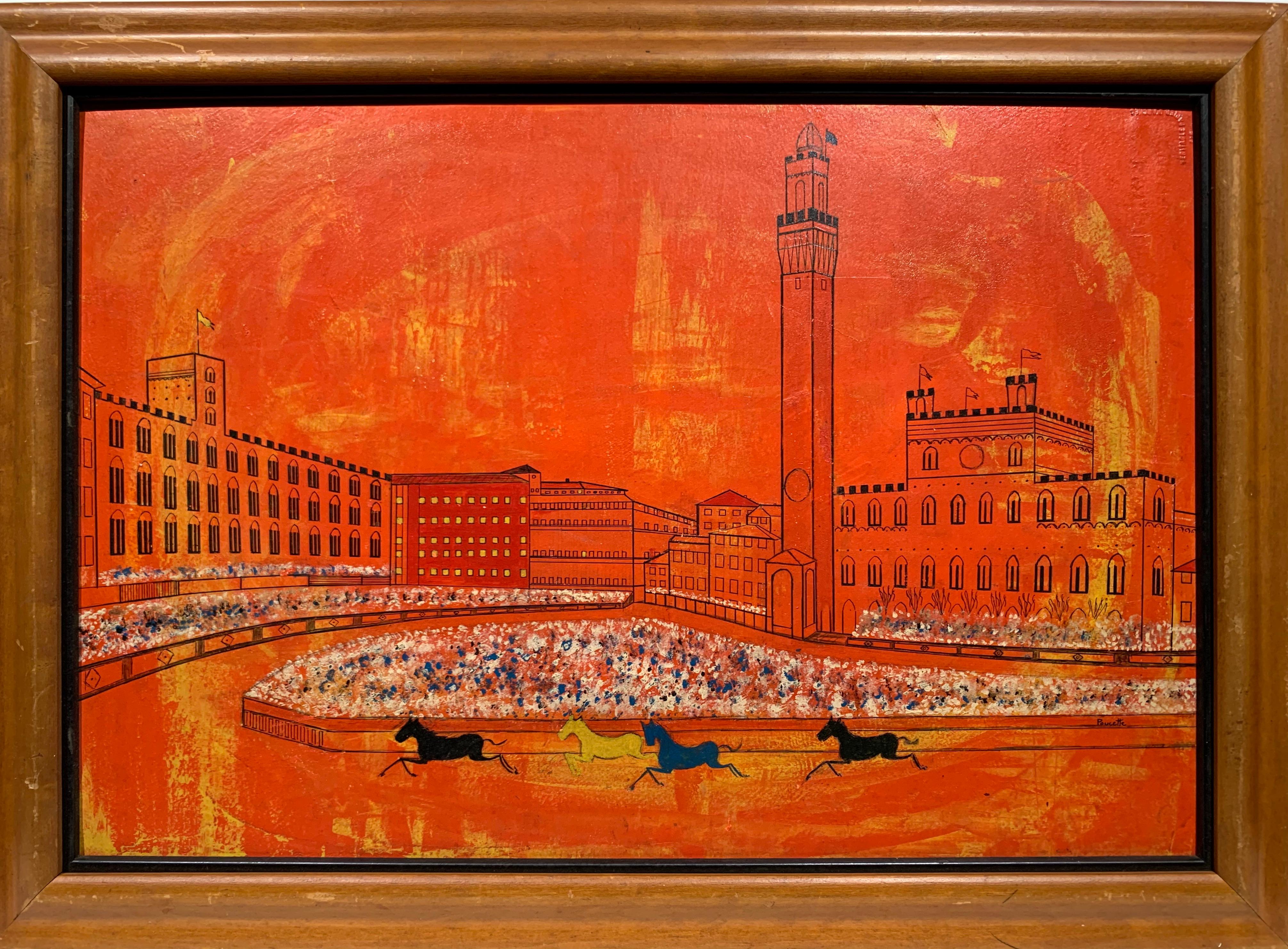 Palio Di Siena (Italian Horse Race Cityscape) - Painting by Nicola Ortiz Poucette