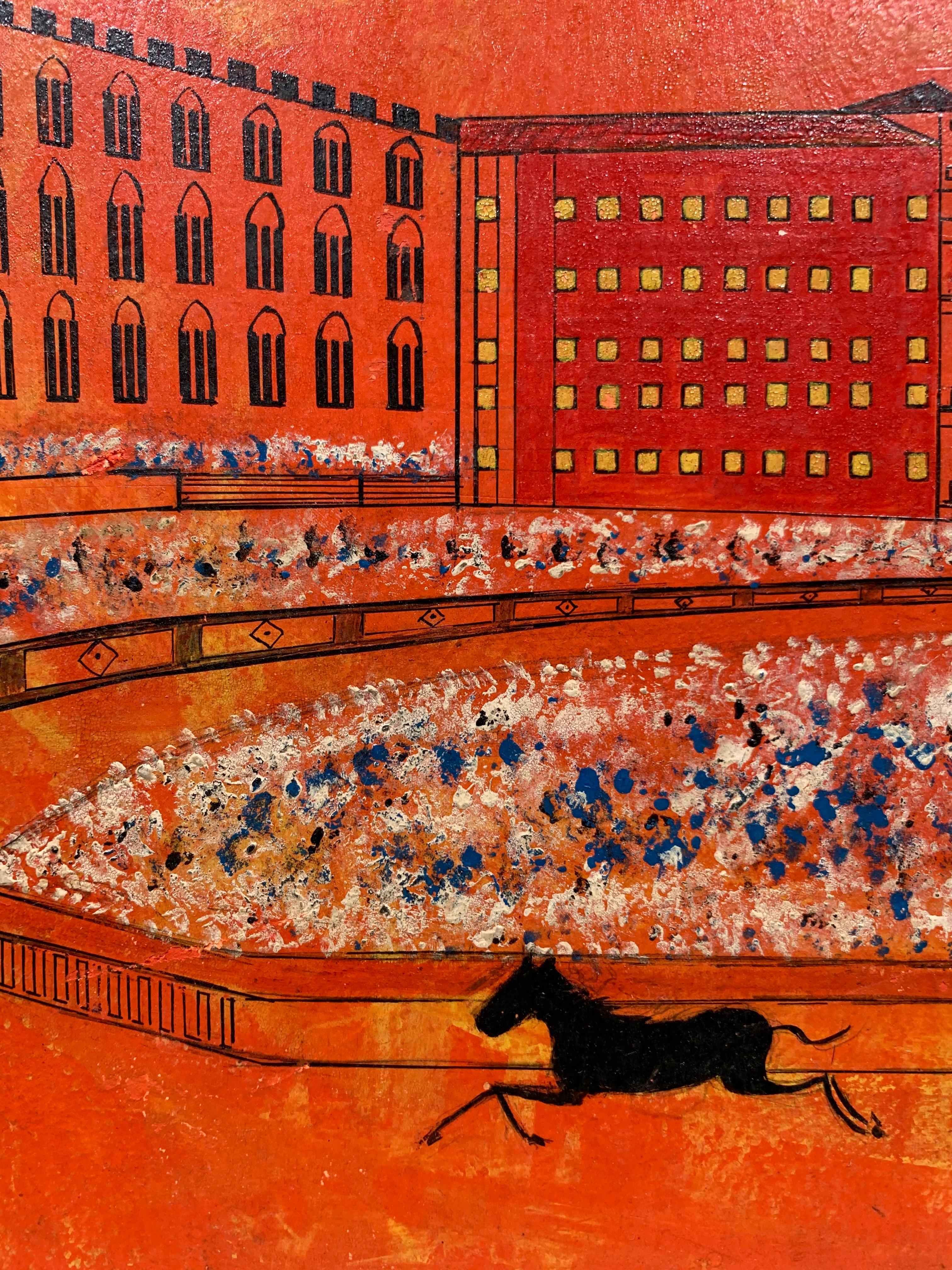 Palio Di Siena (Italian Horse Race Cityscape) - Red Abstract Painting by Nicola Ortiz Poucette