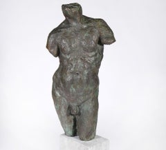 Large Nude Male Torso Bronze Sculpture on Marble Base