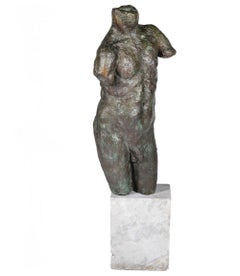 Large Nude Male Torso Bronze Sculpture on Marble Base