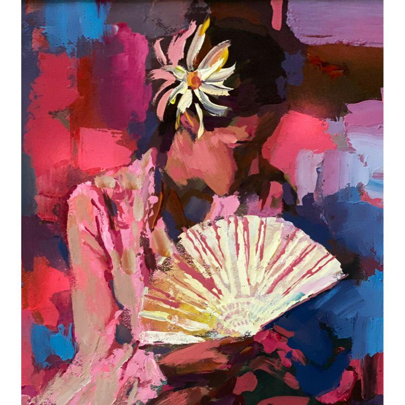 Oiled Nicola Simbari (Italian) Oil on Canvas Oriental Woman with Fan, 20th Century For Sale