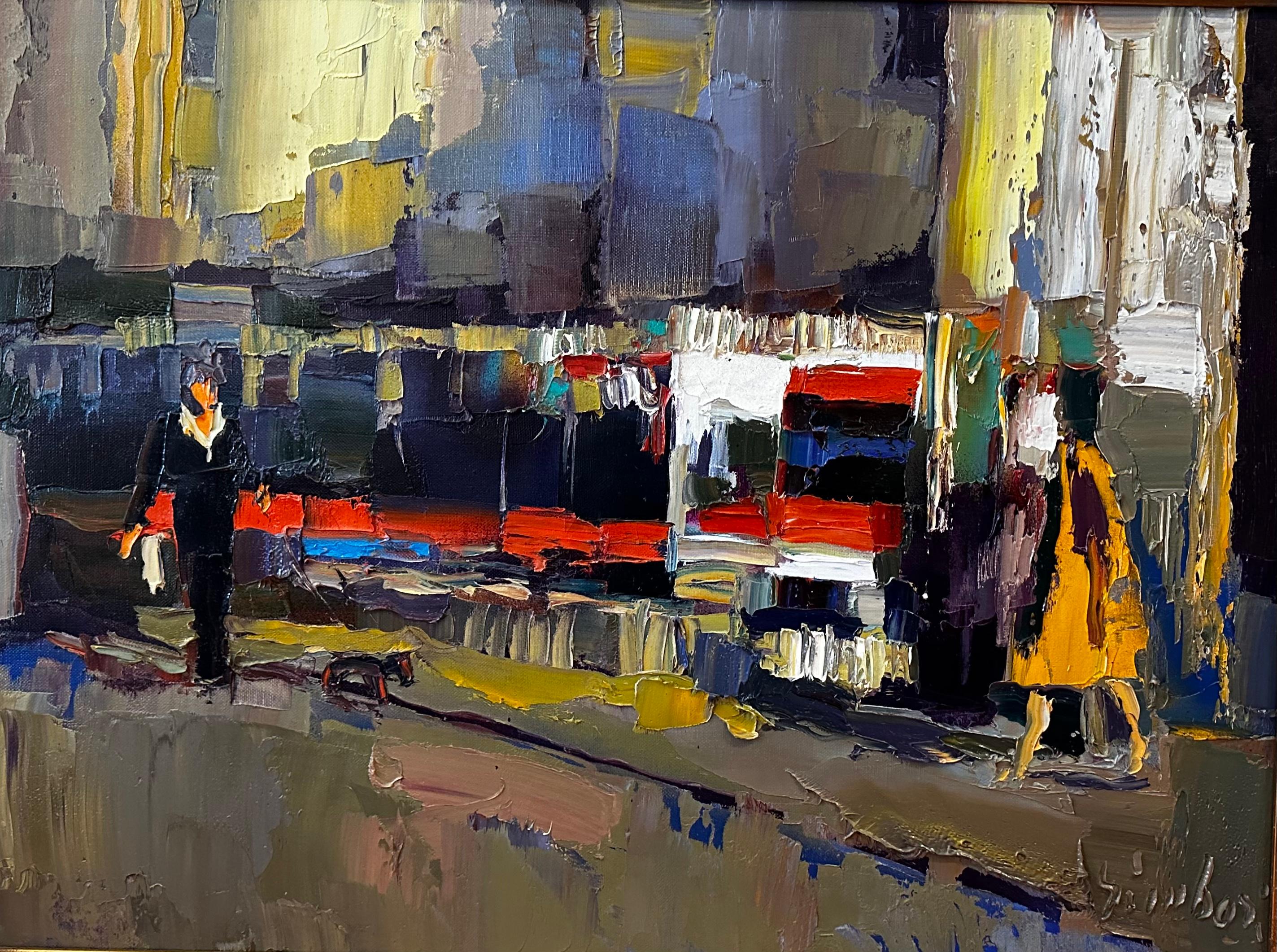 Peinture à l'huile de Nicola Simbari - Paysage urbain abstrait italien moderne et abstrait Bon état - En vente à LOS ANGELES, CA