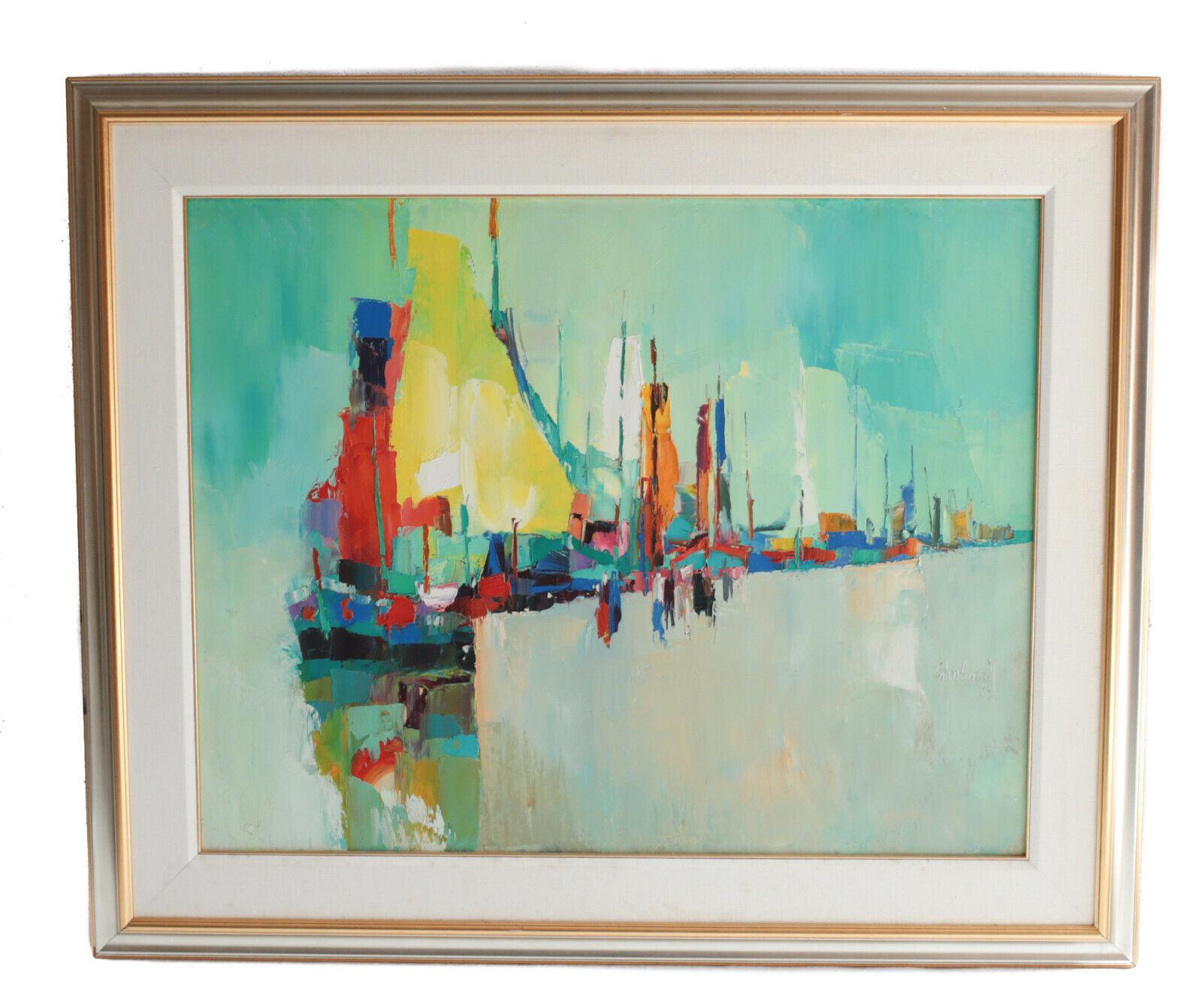 Nicola Simbari oil on canvas, green harbor, signed

The stunning Neo-Impressionism painting depicts a modernist abstract harbor. Signed Simbari to the right. Framed and matted in a gilt wood frame. The back states the painting was from DeBruyne