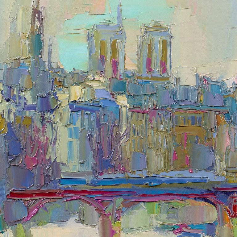 Along the Seine, Notre Dame - Gray Landscape Painting by Nicola Simbari