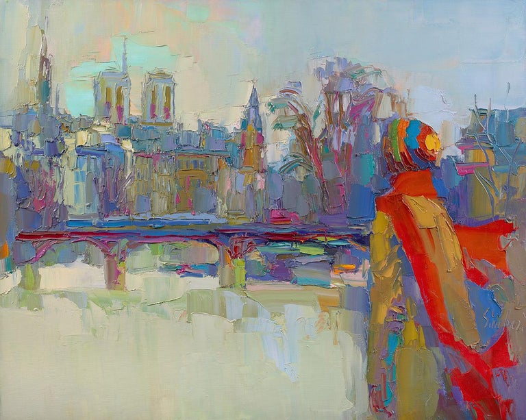 Nicola Simbari Landscape Painting - Along the Seine, Notre Dame
