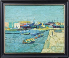 Antique Italian Coastal Port City Impressionist Seascape Framed Signed Painting