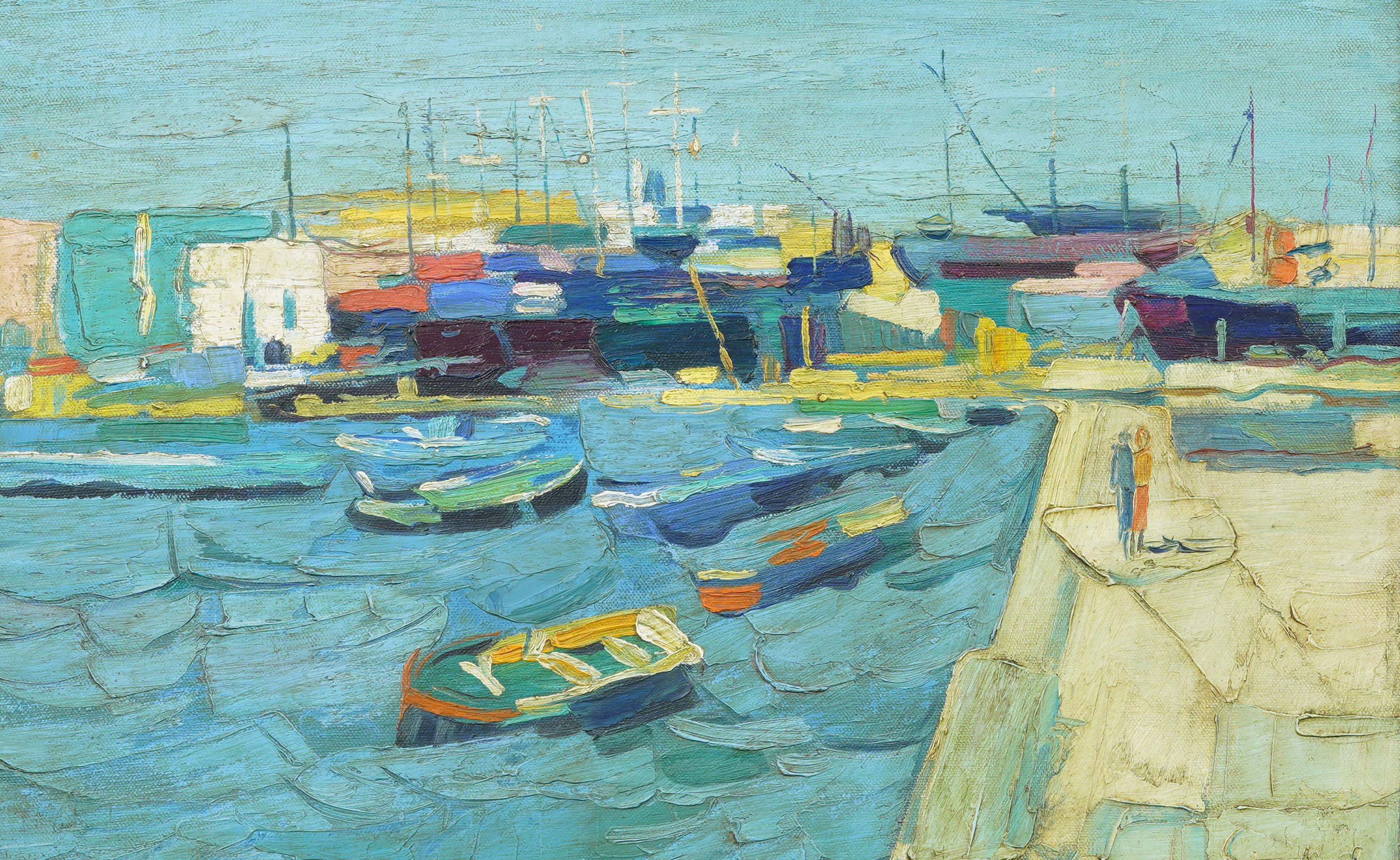 Antique Italian Coastal Port City Impressionist Seascape Framed Signed Painting For Sale 2