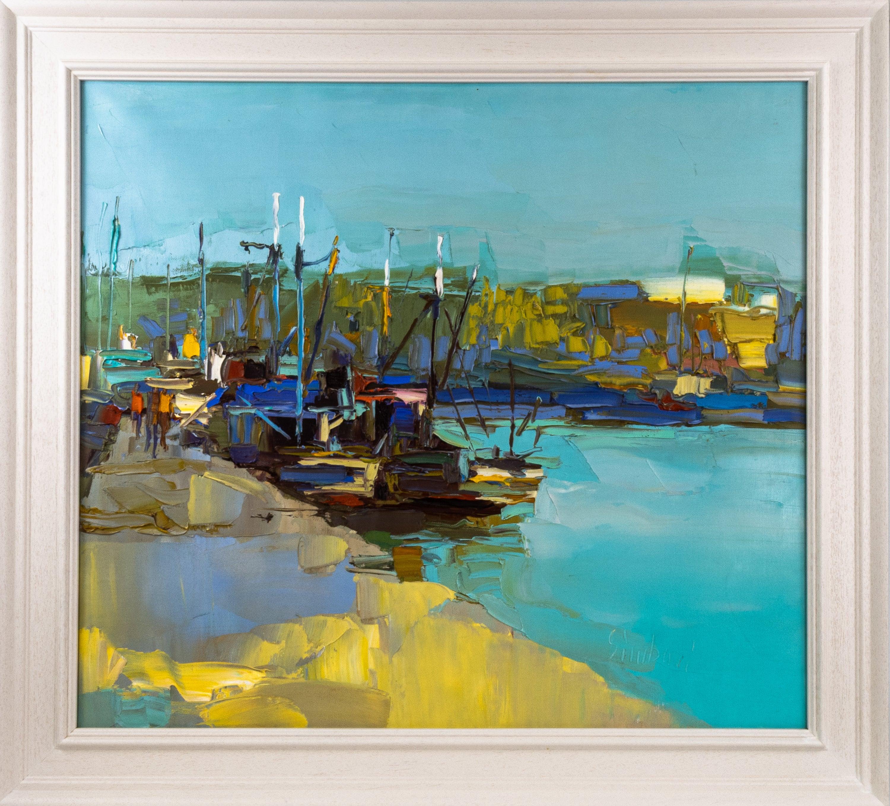 Marina Original Acrylic on Canvas, Signed, Late 20th Century, 29.25x33 - Painting by Nicola Simbari