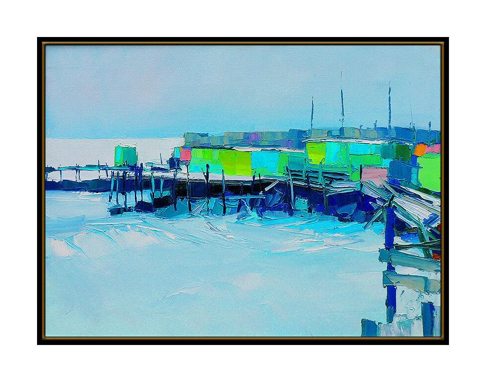 Nicola SIMBARI Painting Oil On Canvas Signed Harbor Seascape Artwork Rare Large - Blue Landscape Painting by Nicola Simbari