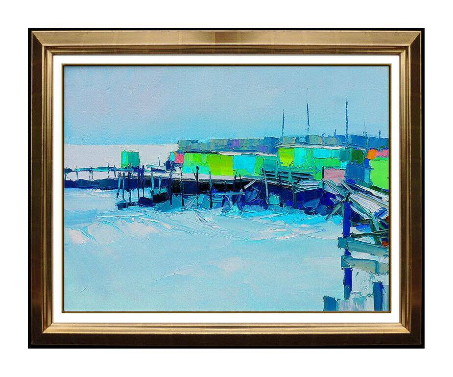 Nicola Simbari Landscape Painting - Nicola SIMBARI Painting Oil On Canvas Signed Harbor Seascape Artwork Rare Large