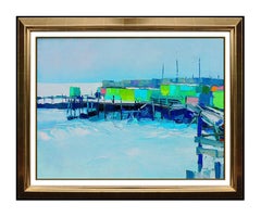 Nicola SIMBARI Painting Oil On Canvas Signed Harbor Seascape Artwork Rare Large