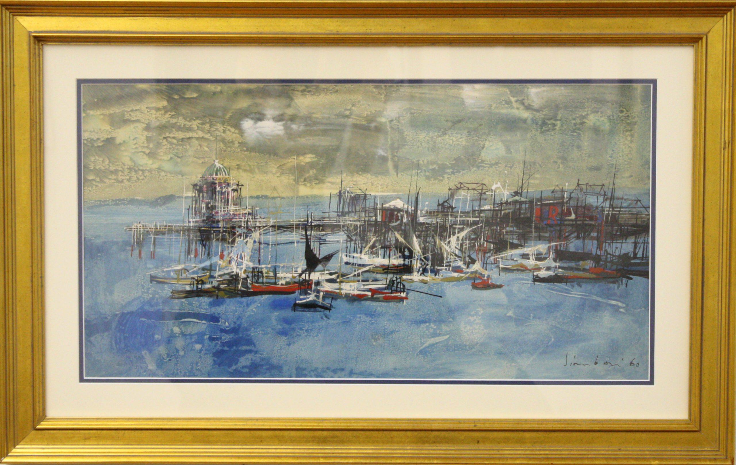 Nicola Simbari Landscape Painting - Pier and Docks-Original Gouache and Wash on Paper, Signed and Dated by Artist