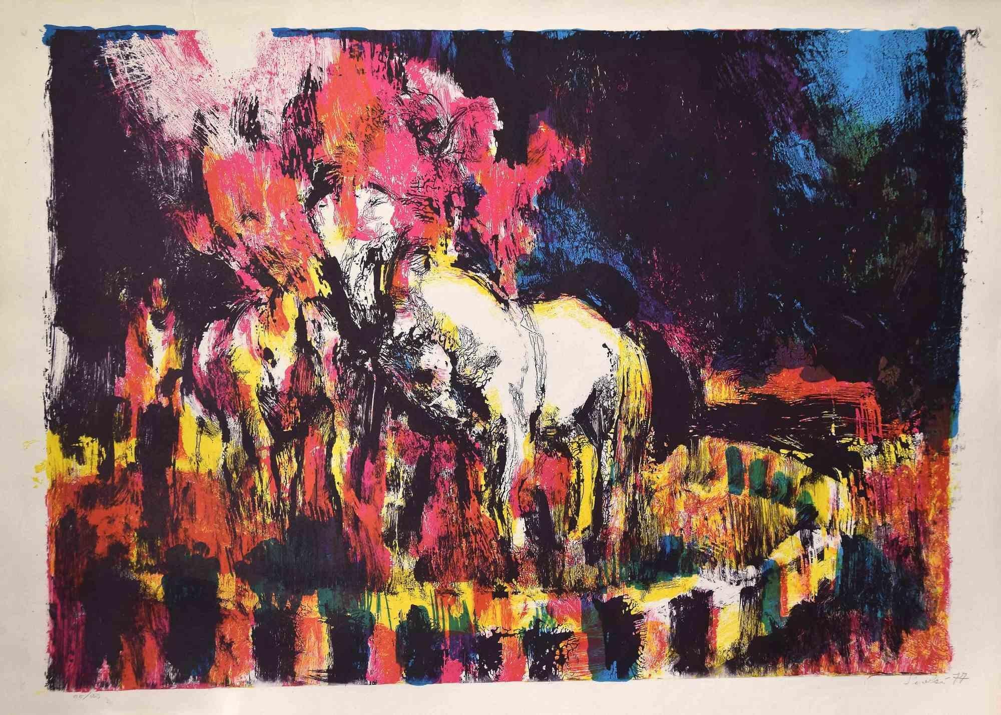 Abstract Composition is a lithograph print on paper realized by Nicola Simbari in 1970 ca.

Hand-signed on the lower right.

Numbered, edition of 100 prints.

In good condition.

The artwork is represented by harmonious colors that create delicacy