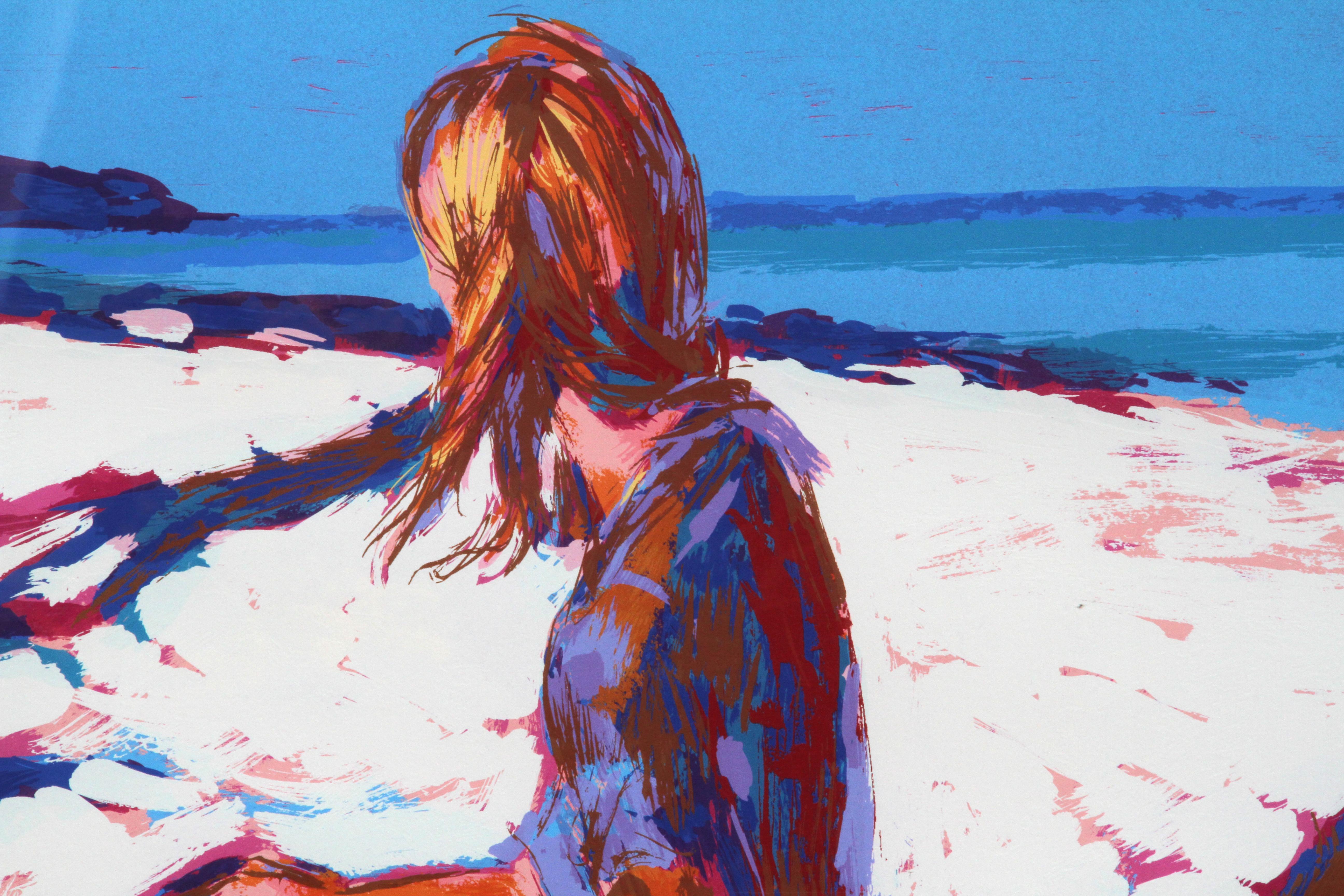 Aegian, Large Framed Beach Silkscreen by Simbari - Impressionist Print by Nicola Simbari