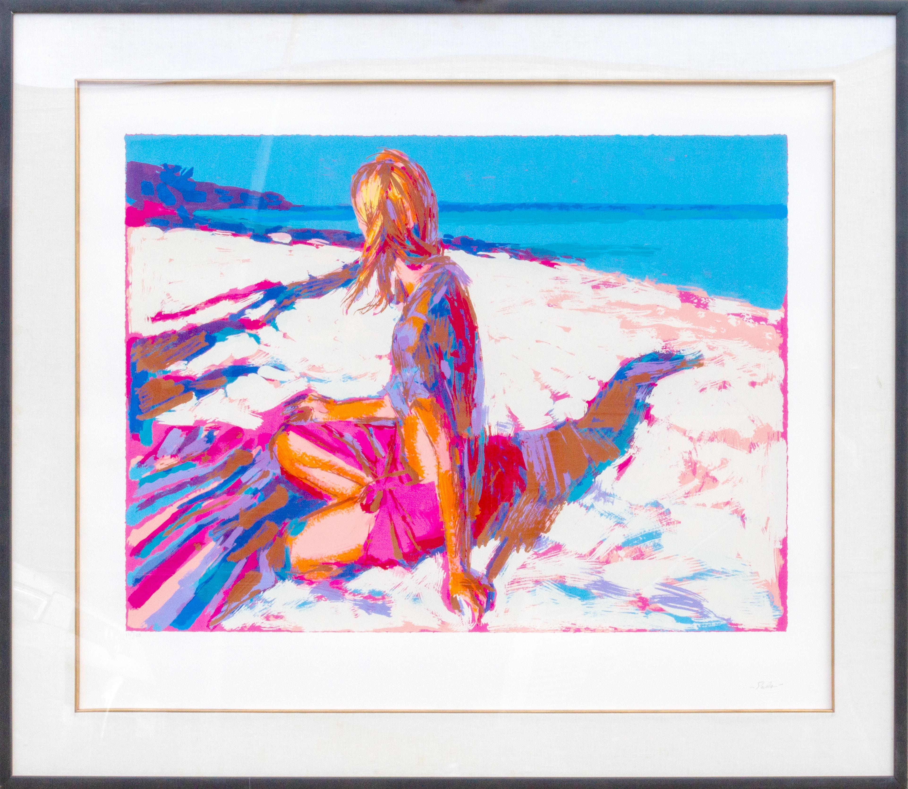 Nicola Simbari Figurative Print - Aegian, Large Framed Beach Silkscreen by Simbari