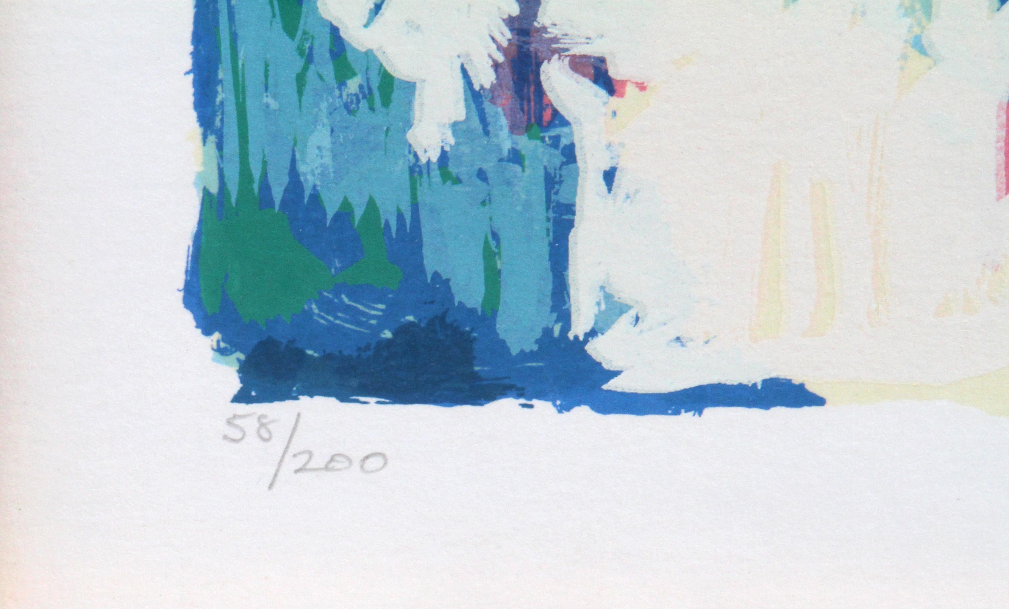 Blue Marina, Large Framed Silkscreen by Simbari - Impressionist Print by Nicola Simbari