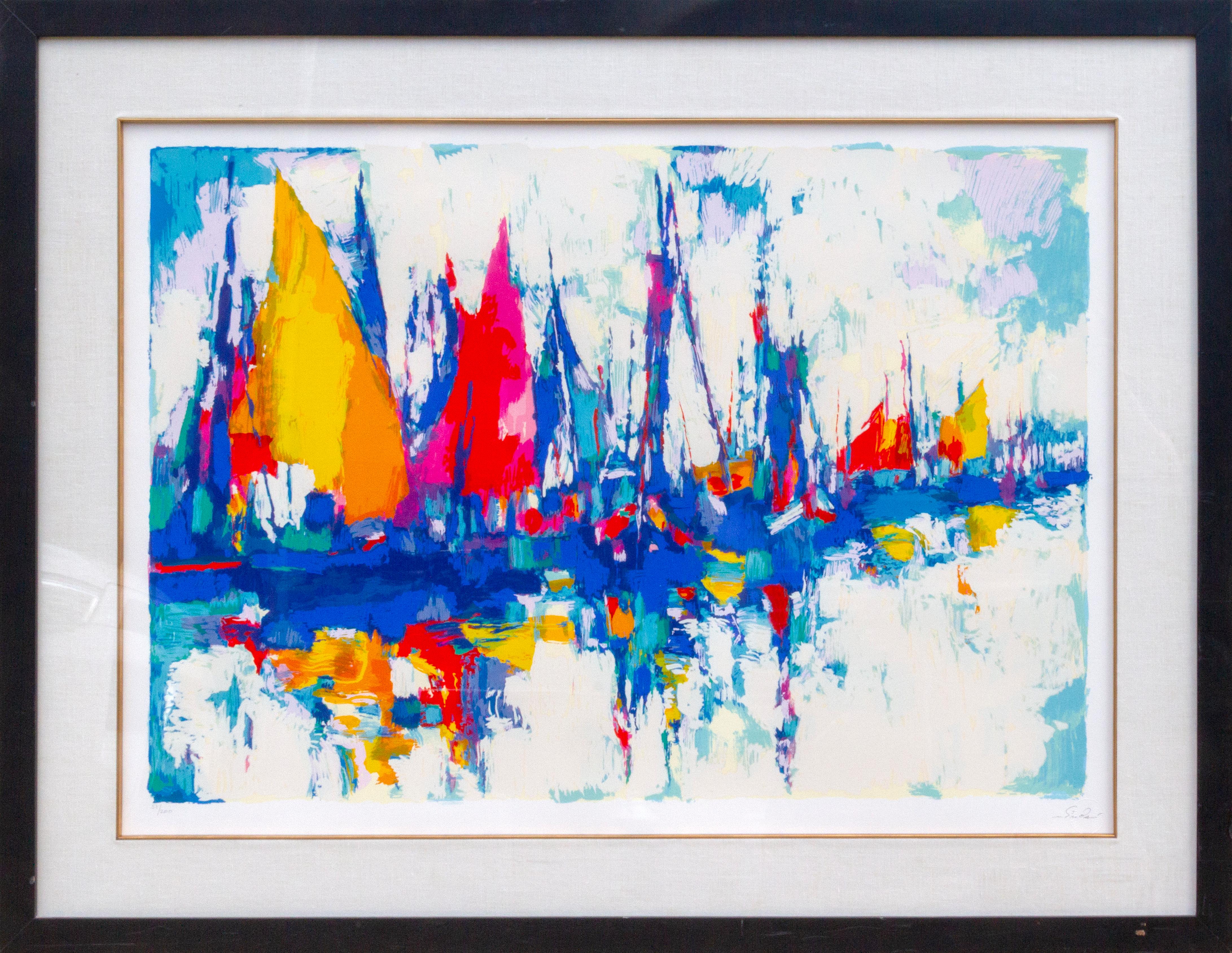 Nicola Simbari Landscape Print - Blue Marina, Large Framed Silkscreen by Simbari