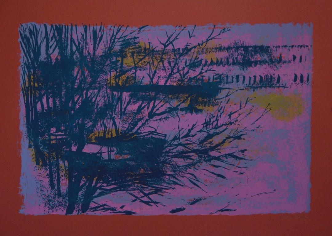 Landscape on Red - Screen Print by Nicola Simbari - 1976