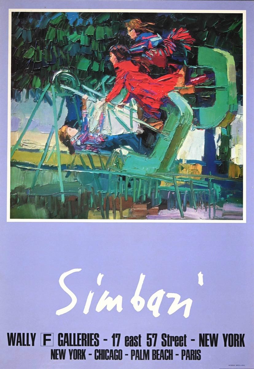 Manifest of Simbari i is an original offset and lithograph realized by Nicola Simbari in 1970.

Hand-signed on the bottom center.

The artwork represents a woman and two girls playing on the swing. 

Manifest for exhibition for the Findlay Gallery,