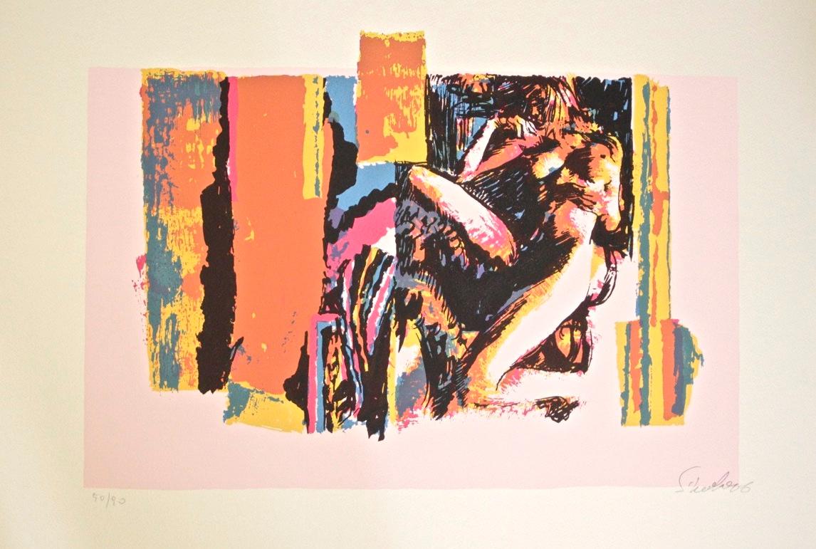 Nude Lying Model - Original Screen Print by Nicola Simbari - 1976