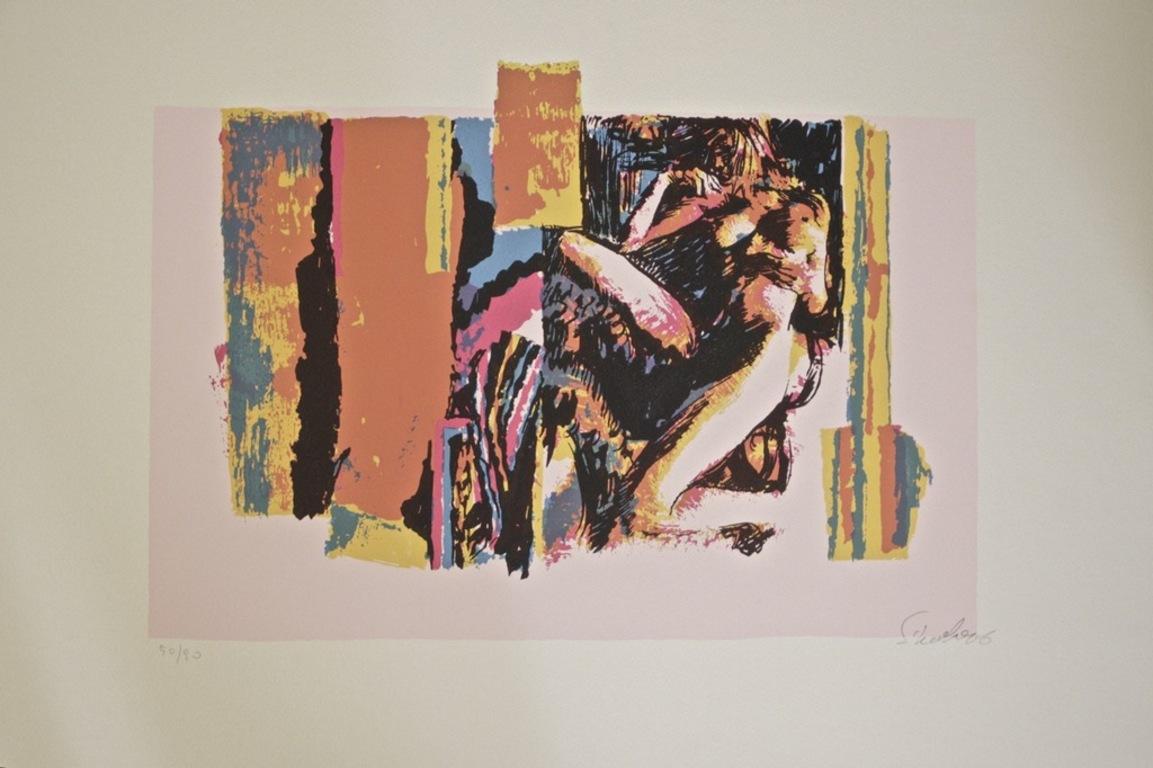 Nude Lying Model - Screen Print by Nicola Simbari - 1976