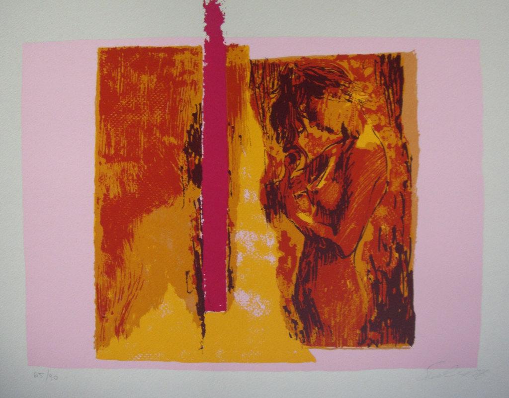 Nude on Red - Screen Print by Nicola Simbari - 1976