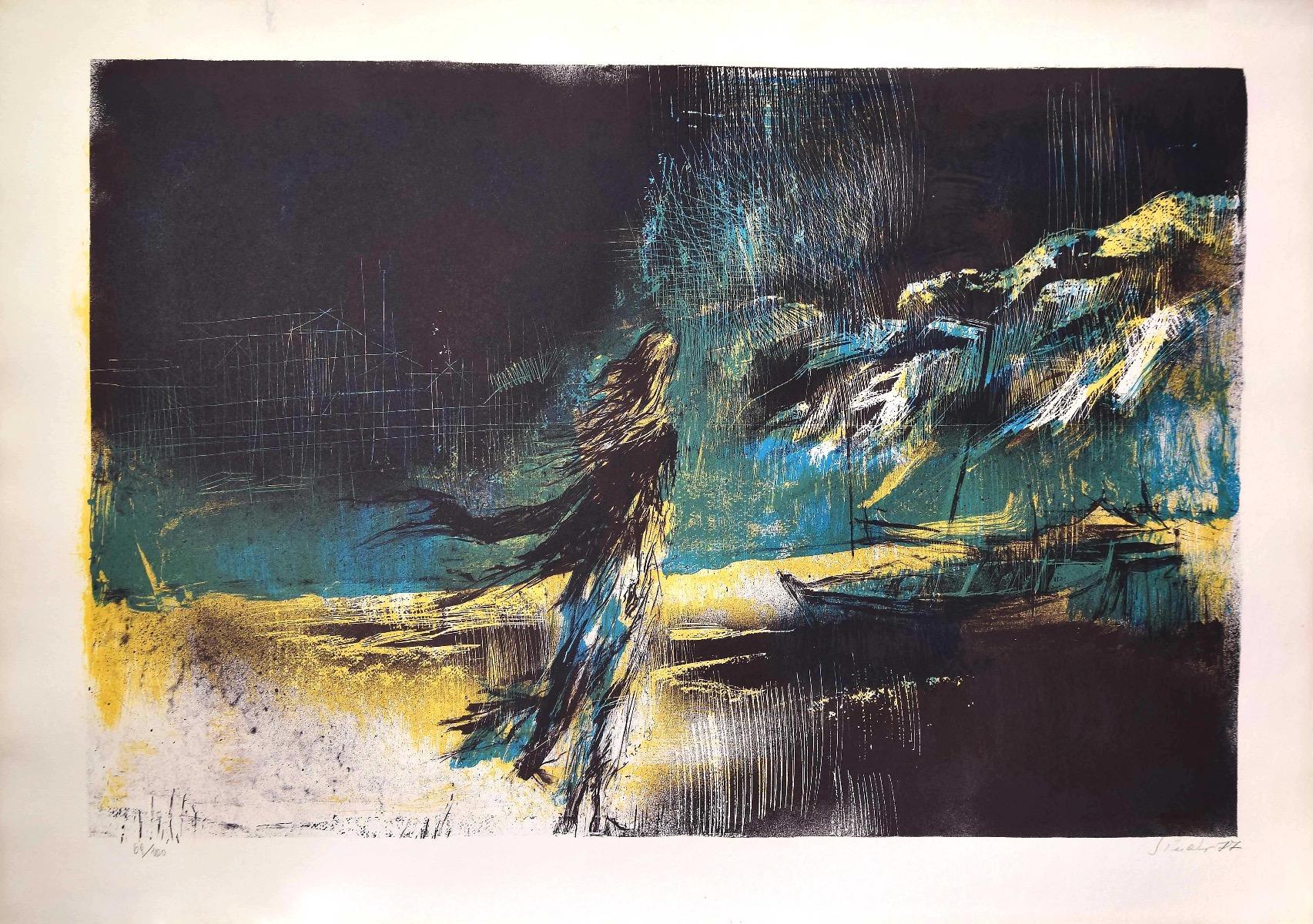 On the beach is an original lithograph realized by Nicola Simbari in 1977.

Hand-signed on the lower right.

Numbered . Edition 69/100.

The artwork represents a beach with an abstract multicolour composition. 

Nicola Simbari (San Lucido, 1927) was