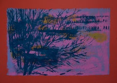 Paysage rouge/violet - Lithographie originale de Nicola Simbari - 1976