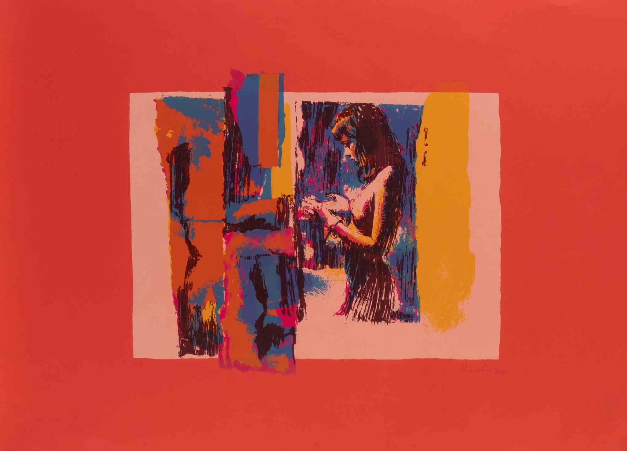 Woman i  is a screen print realized by Nicola Simbari in 1976.

Hand-signed in the lower right.

Numbered .Edition of 90.

The artwork represents a female nude in profile with an abstract multicolour composition. There are colored boxes vertical