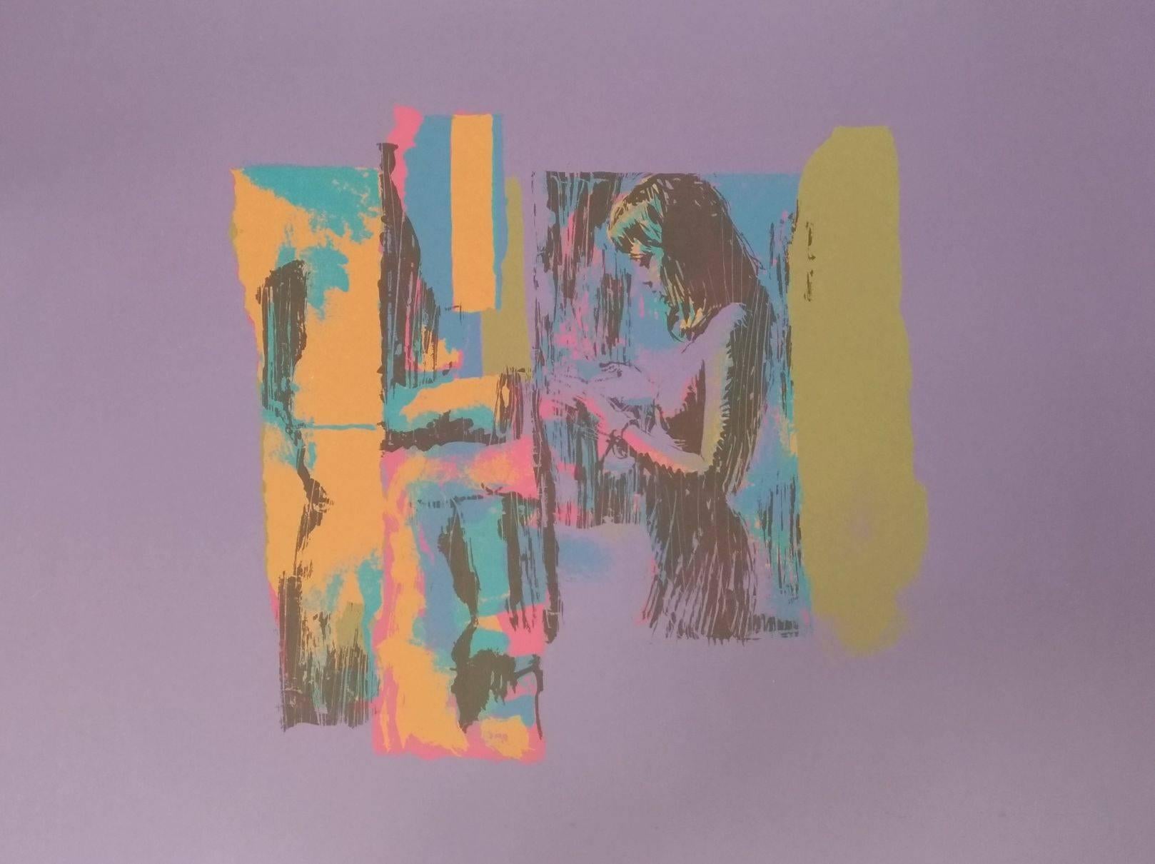 Woman in Yellow is an original serigraph realized by Nicola Simbari in 1976.
The artwork represents a female nude in profile with an abstract multicolour composition. There are colored boxes with black vertical lines and a purple background.

Nicola