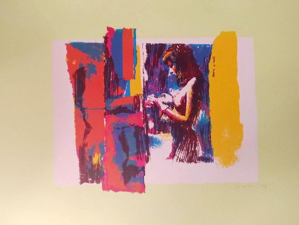 Woman in Yellow is a screen print realized by Nicola Simbari in 1976. Hand signed and dated in pencil lower right (Simbari 76). Edition of 90 prints.

The artwork represents a female nude with a background of abstract composition. There are colored