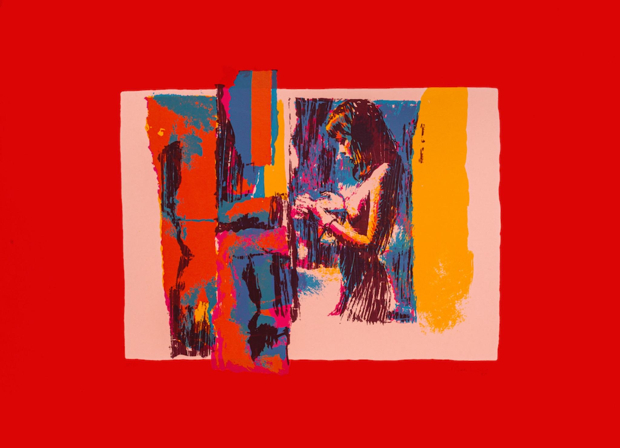 Woman i is an original screen print realized by Nicola Simbari in 1976.

Hand-signed on the lower right.

Numbered .Edition 11/90.

The artwork represents a female nude in profile with an abstract multicolour composition. There are colored boxes