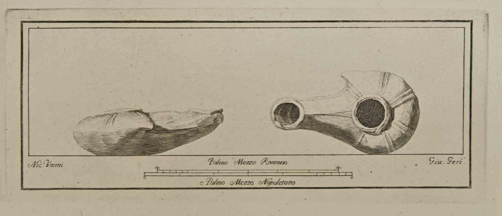 Ancient Roman Still Life from the series "Antiquities of Herculaneum", is an etching on paper realized by Giuseppe Geri and Nicola Vanni in the 18th Century.

Signed in the plate.

Good condition

The etching belongs to the print suite “Antiquities