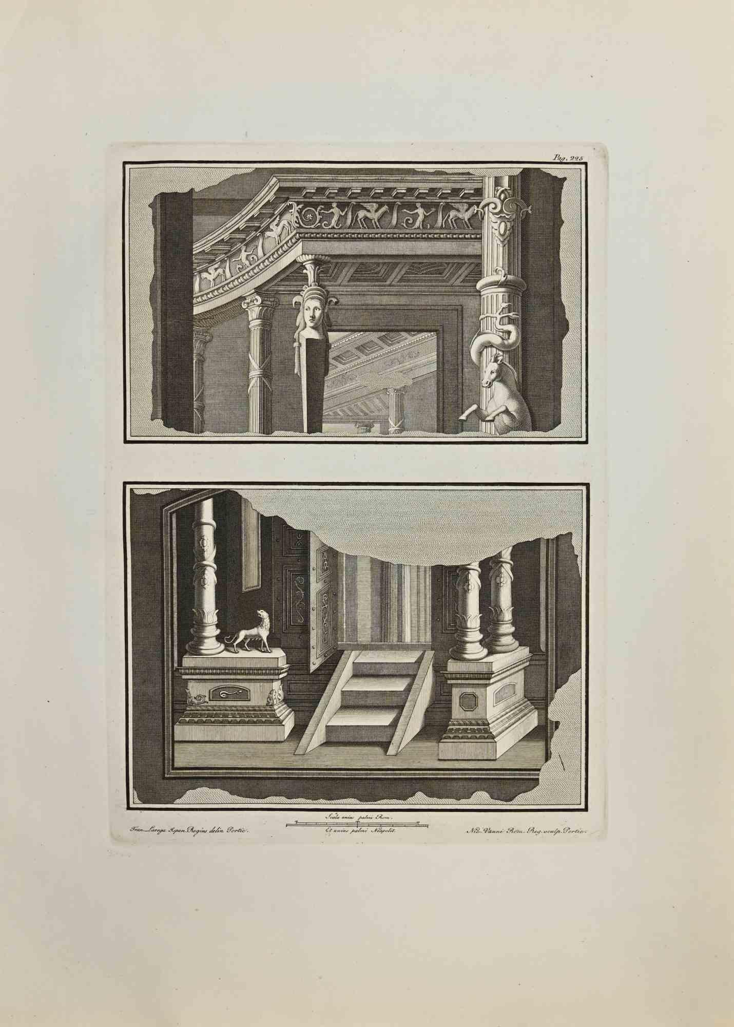 Temple from "Antiquities of Herculaneum" is an etching on paper realized by Nicola Vanni in the 18th Century.

Signed on the plate.

Good conditions.

The etching belongs to the print suite “Antiquities of Herculaneum Exposed” (original title: “Le