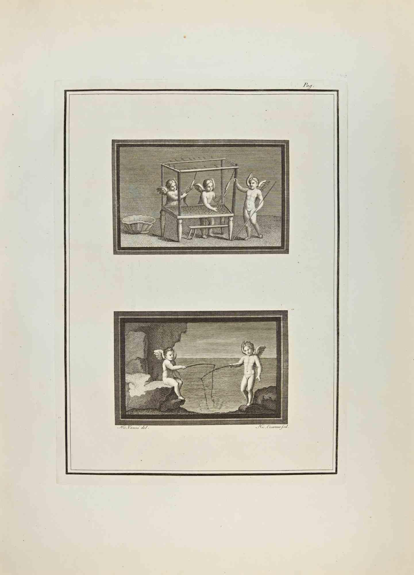 Cupidon et Genny des "Antiquités d'Herculanum" est une gravure sur papier réalisée par Nicola Vanni au 18e siècle.

Signé sur la plaque.

Bon état et vieilli avec quelques pliages.

La gravure appartient à la suite d'estampes "Antiquités