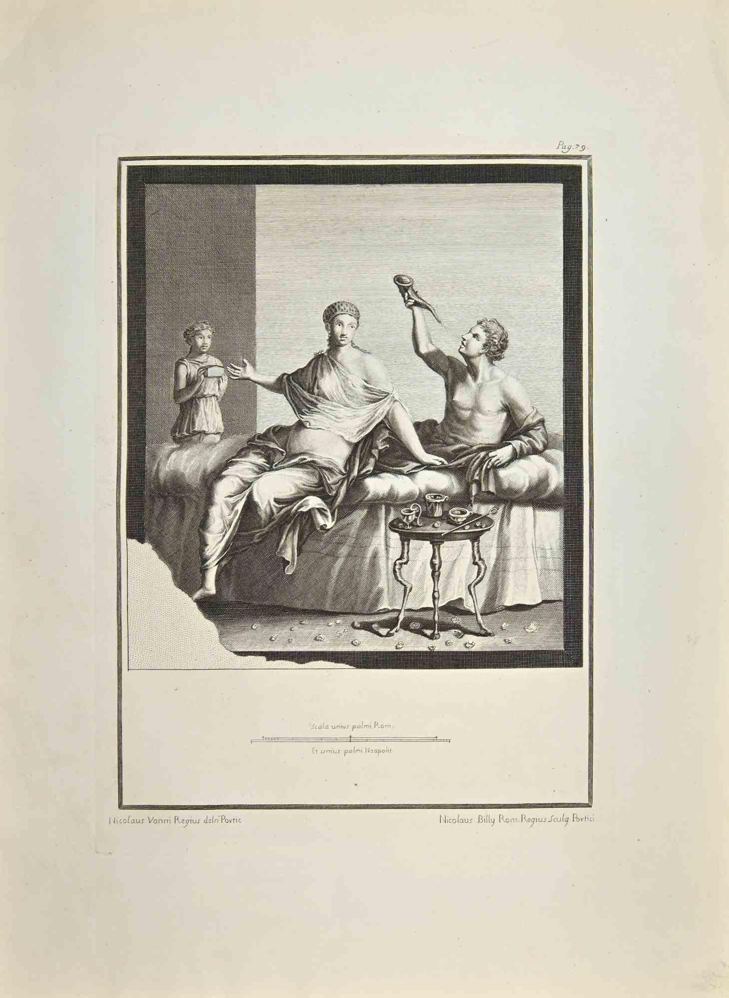 Leisure in Roman Time from "Antiquities of Herculaneum" is an etching on paper realized by Nicola Vanni and Nicola Billy in the 18th Century.

Signed on the plate.

Good conditions with some folding and foxing due to the time.

The etching belongs