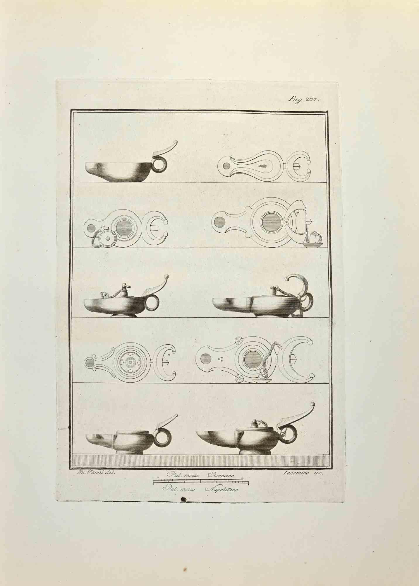 Die Öllampe aus den "Altertümern von Herculaneum" ist eine Radierung auf Papier von Iacomino e Nicola Vanni aus dem 18. Jahrhundert.

Signiert auf der Platte.

Guter Zustand mit einigen Faltungen.

Die Radierung gehört zu der Druckserie "Antiquities